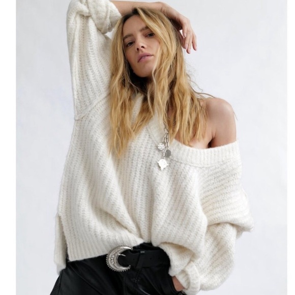 Free People Sweaters - FREE PEOPLE Blue Bell sweater cream white off shoulder knit oversize NWT NEW